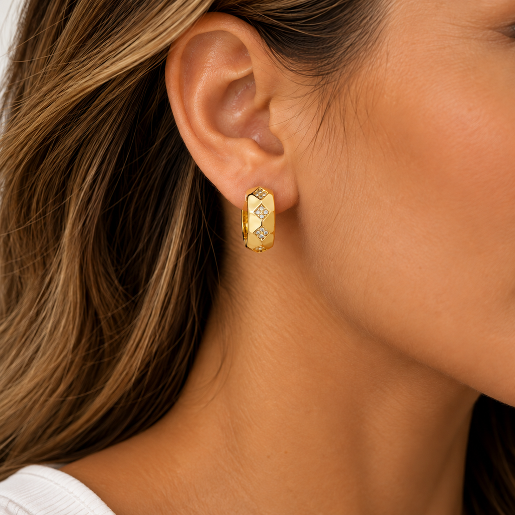 10K Yellow Gold Geometric Small Hoop Earrings with CZ