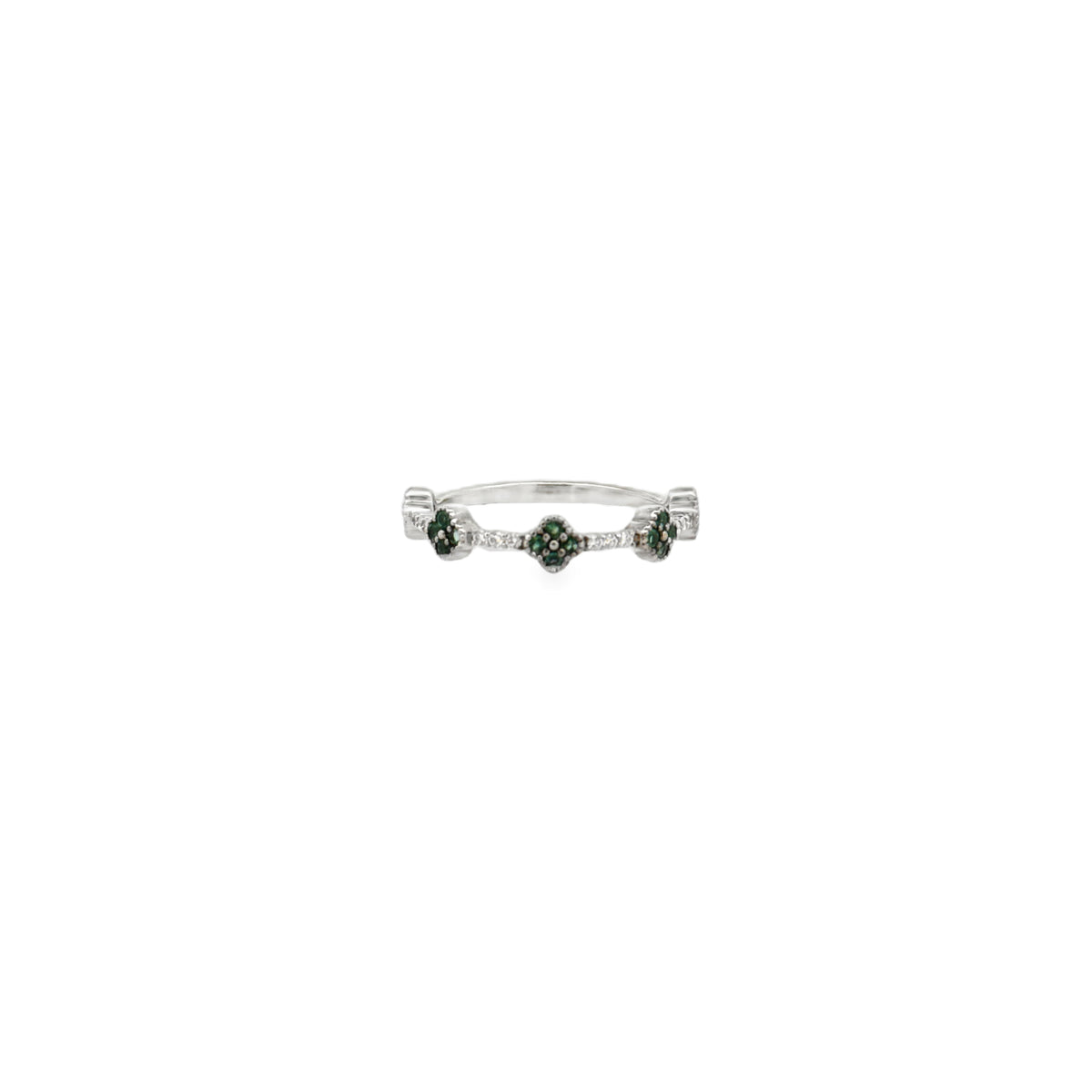 18K White Gold Emerald Flower & Diamond Fashion Ring – 0.25 CT, Size 7