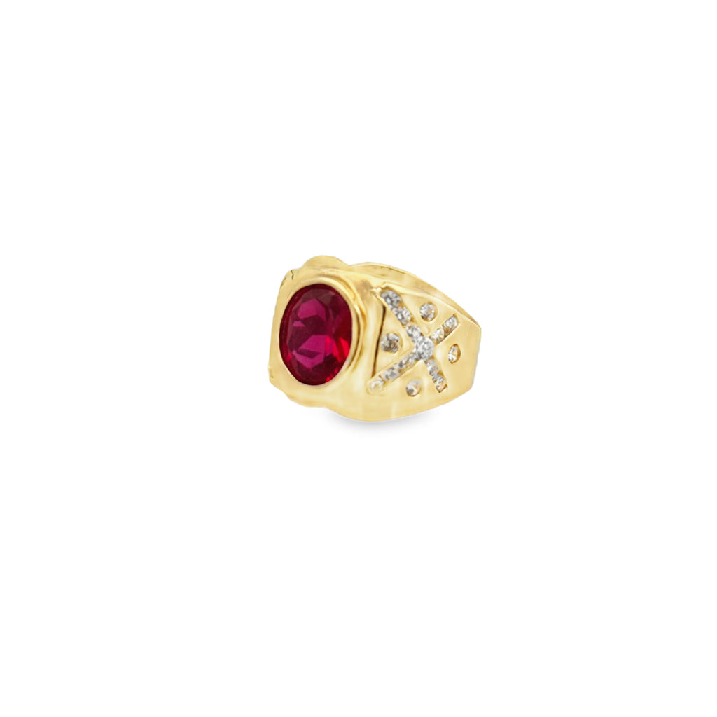 14K Yellow Gold Men's Red Stone Fashion Ring – Size 10