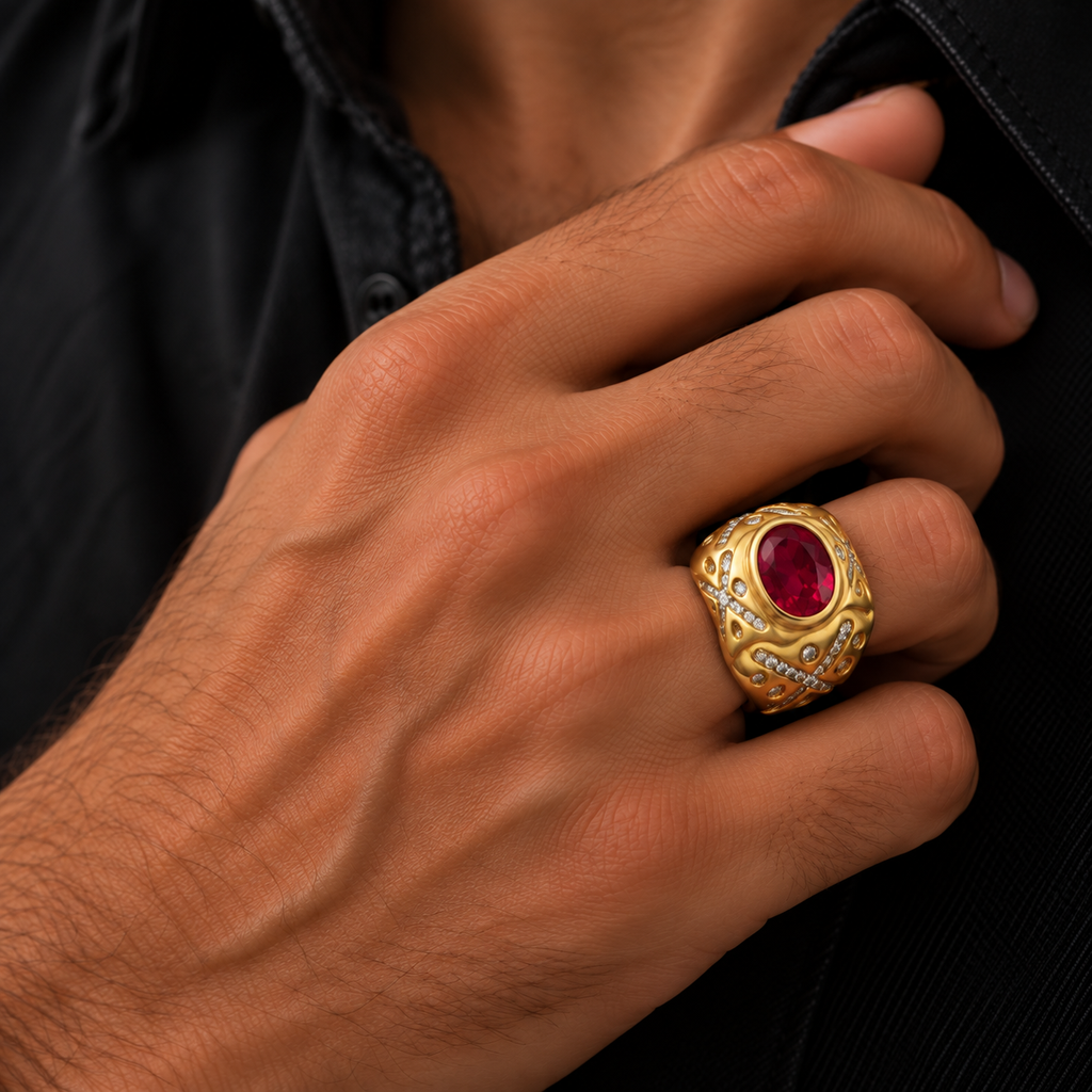 14K Yellow Gold Men's Red Stone Fashion Ring – Size 10