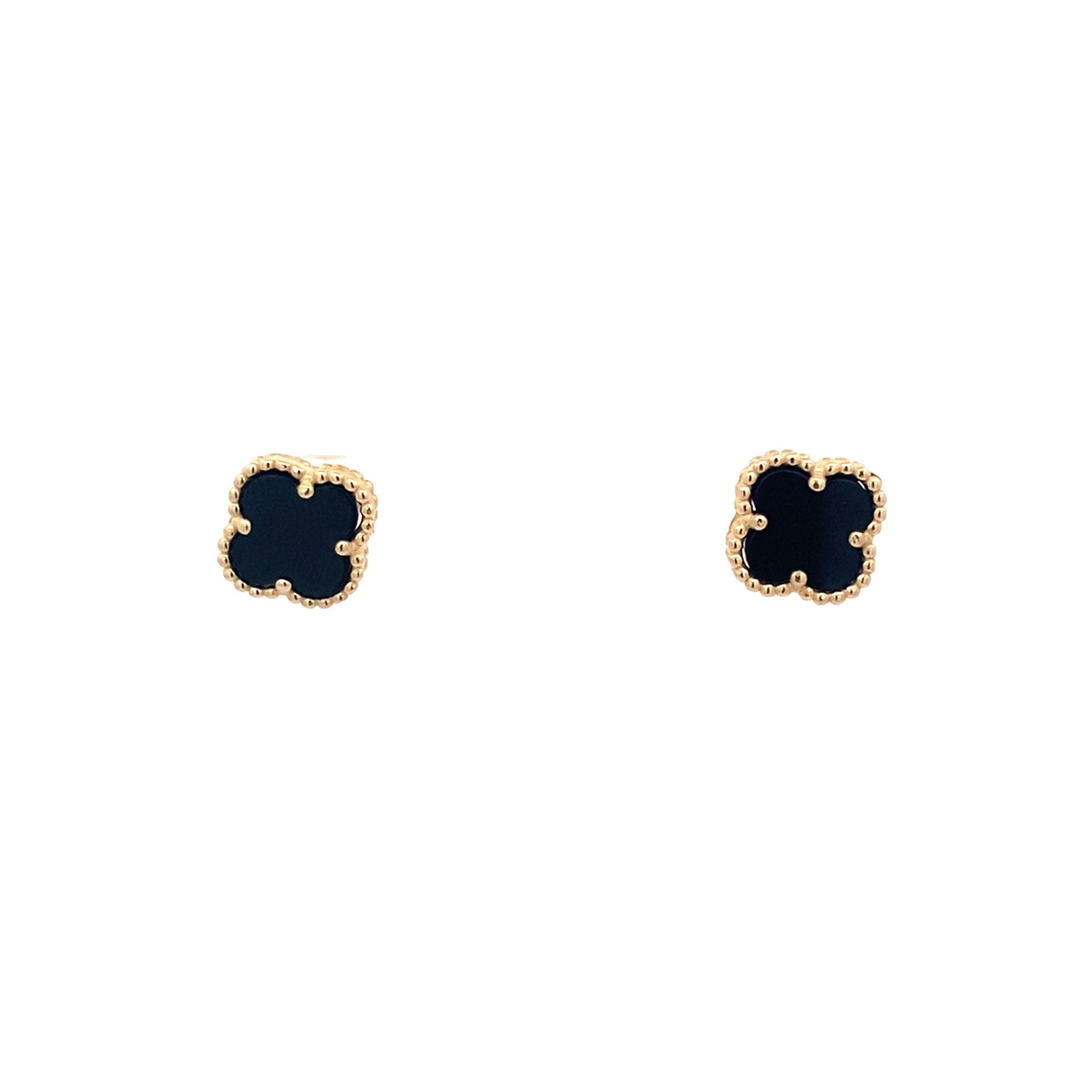 14K Yellow Gold Onyx Flower Stud Earrings