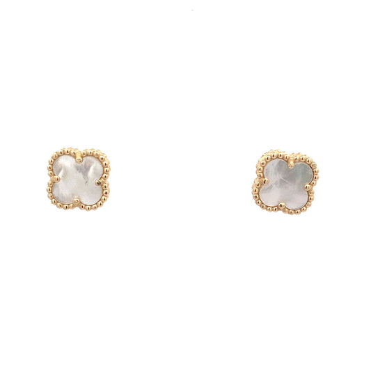 14K Yellow Gold Mother Of Pearl Flower Stud Earrings