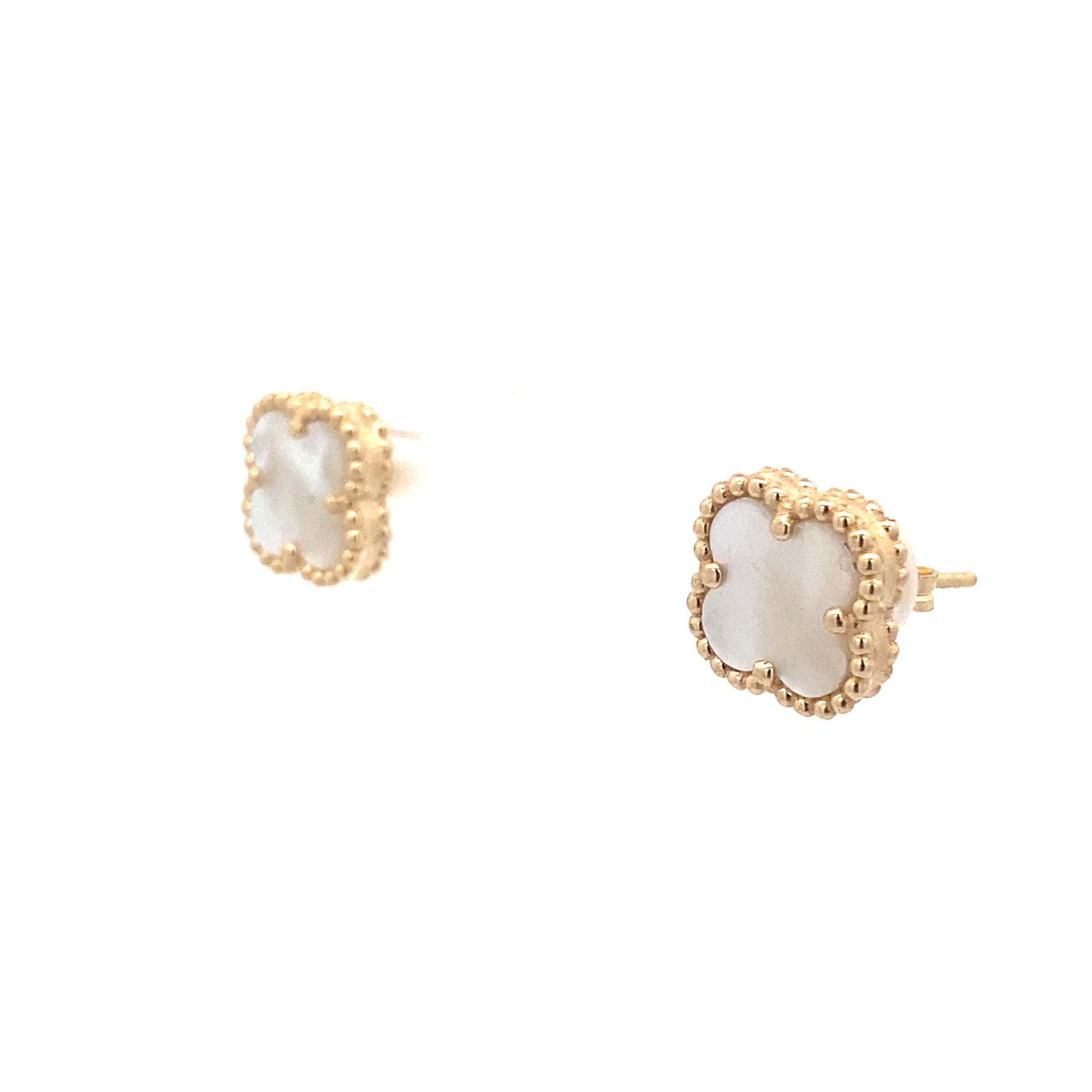 14K Yellow Gold Mother Of Pearl Flower Stud Earrings