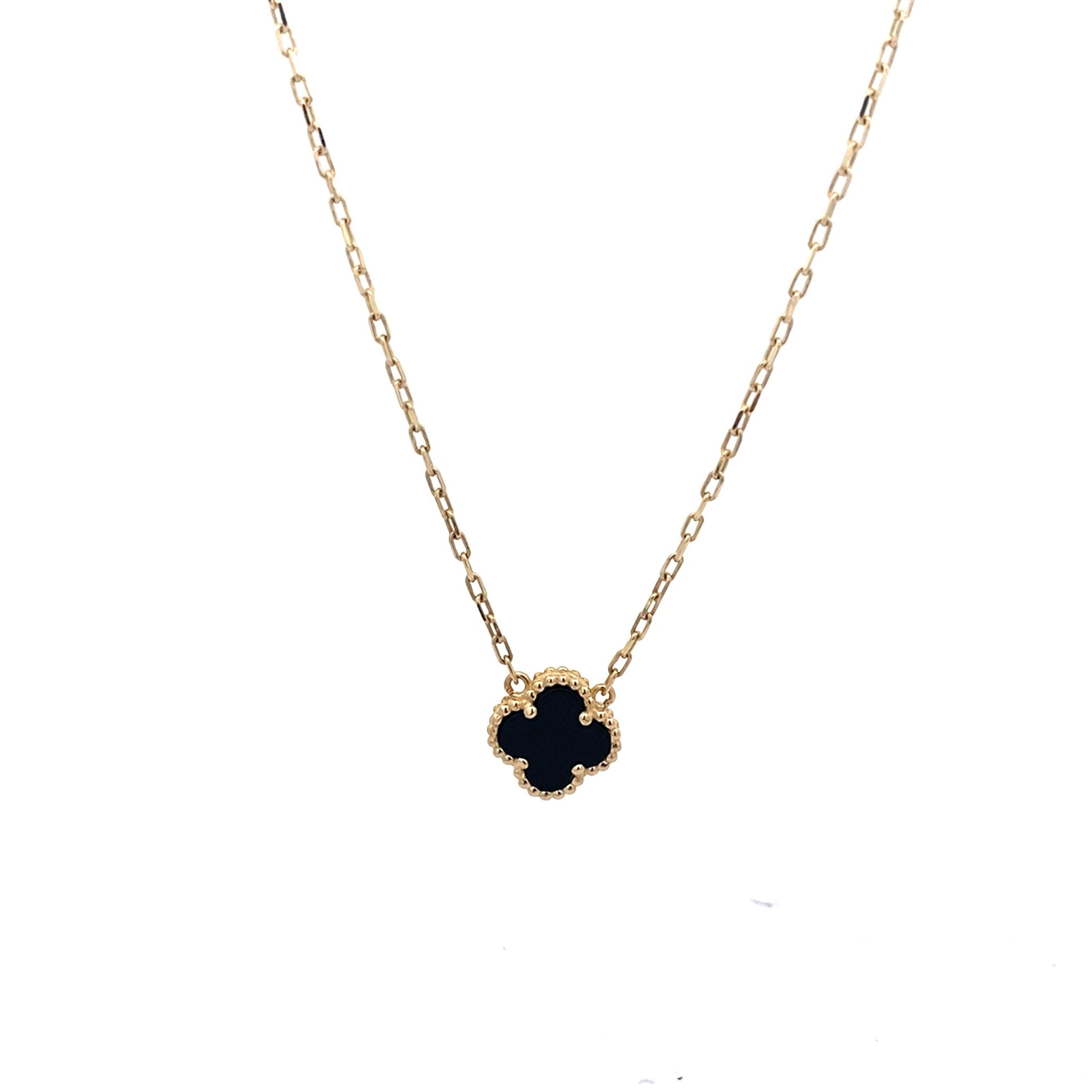 14K Yellow Gold Onyx Flower Necklace 19In