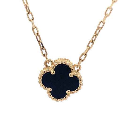14K Yellow Gold Onyx Flower Necklace 19In