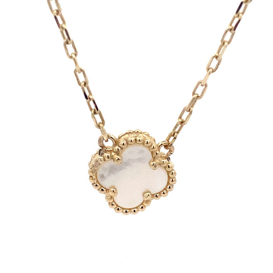 14K Yellow Gold Mother Of Pearl Flower Necklace 19In