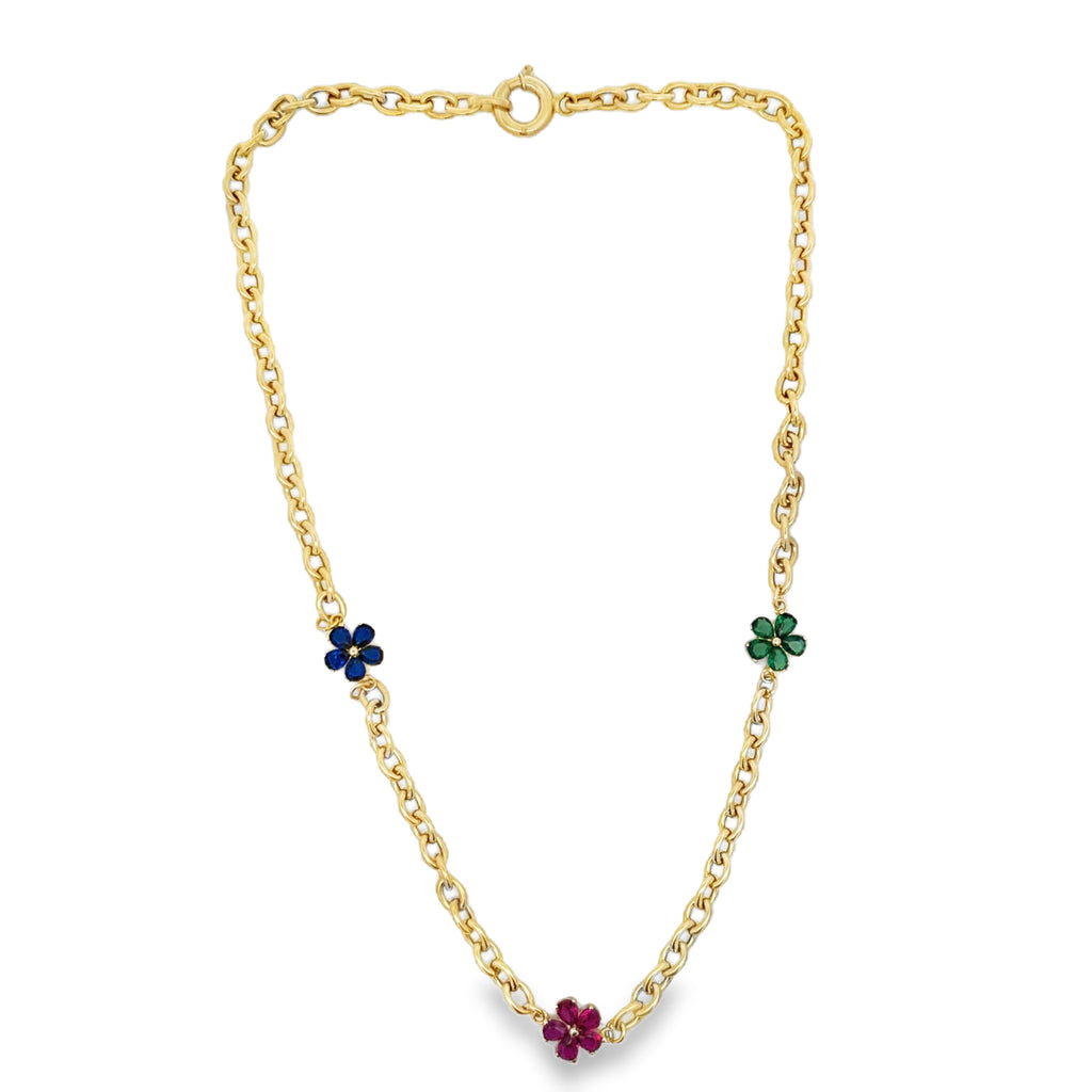 10K Yellow Gold Multicolor Stone Three-Flower Necklace – 16 Inches