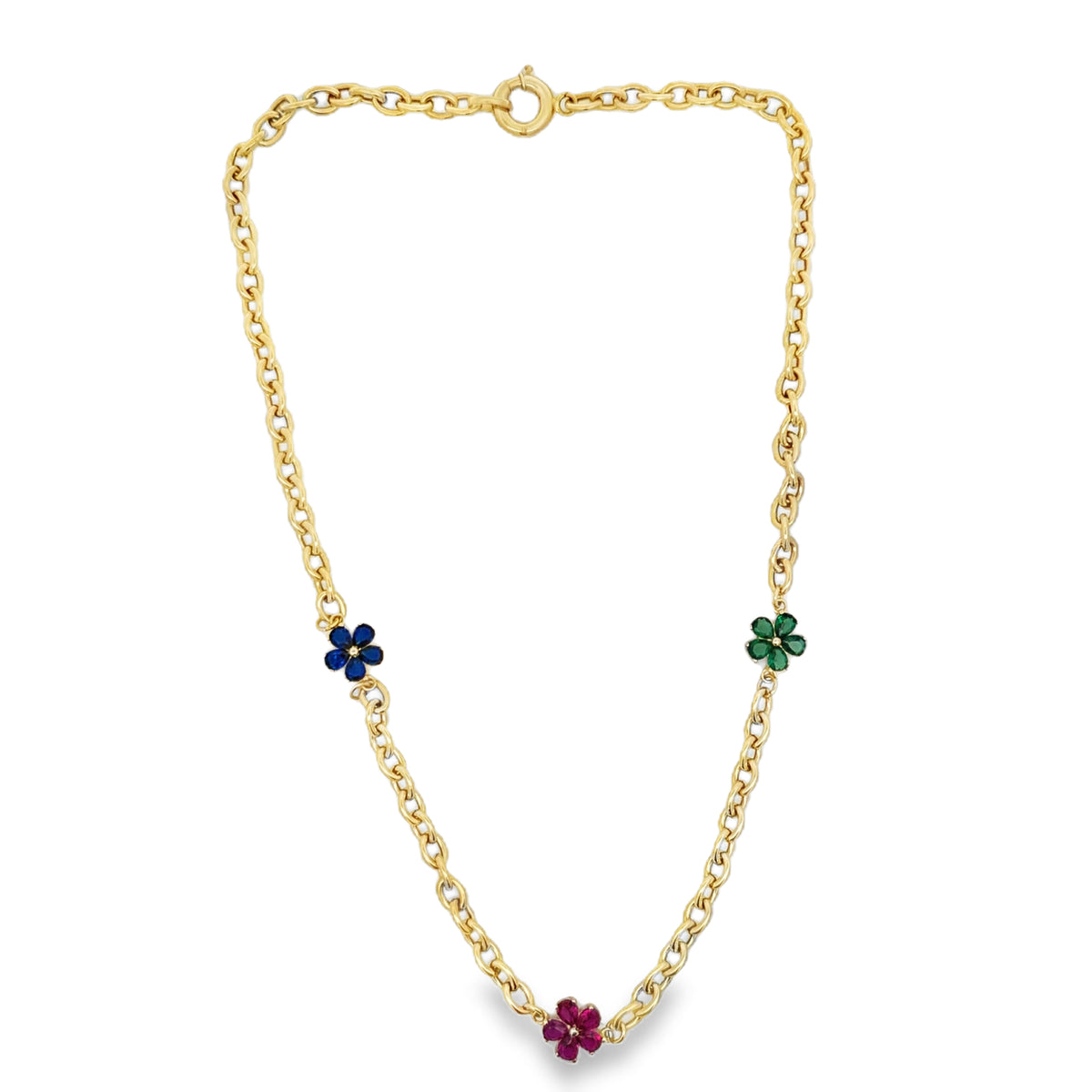 10K Yellow Gold Multicolor Stone Three-Flower Necklace – 16 Inches