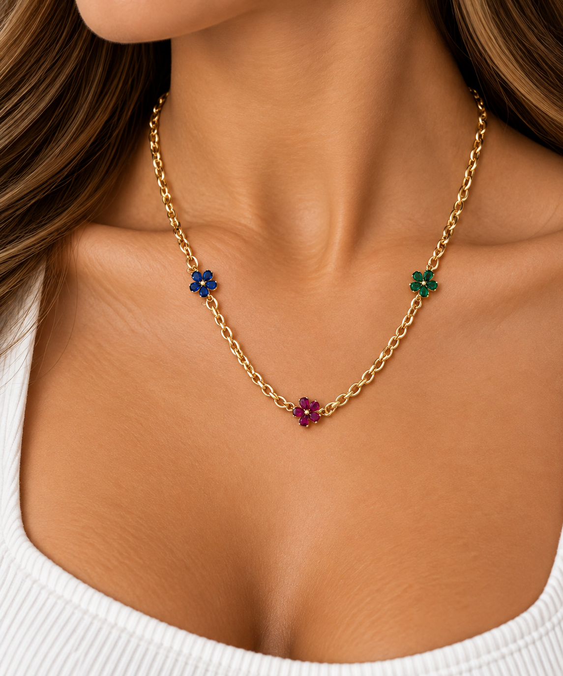 10K Yellow Gold Multicolor Stone Three-Flower Necklace – 16 Inches