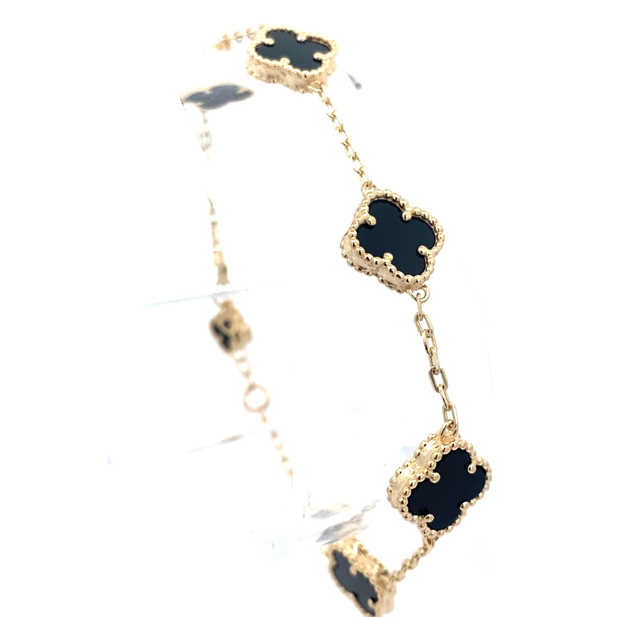 14K Yellow Gold Onyx Flower Bracelet 8In