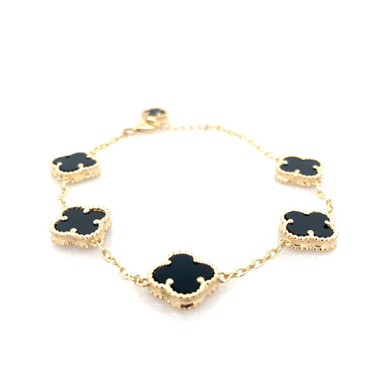 14K Yellow Gold Onyx Flower Bracelet 8In