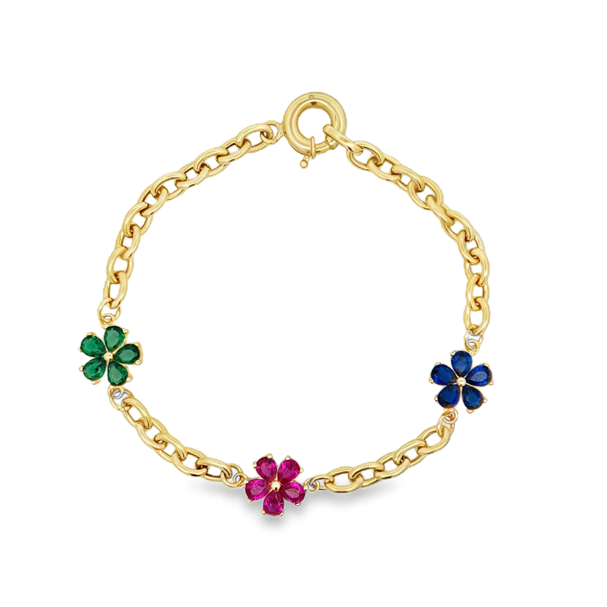10K Yellow Gold Multicolor Stone Three-Flower Bracelet – 7 Inches