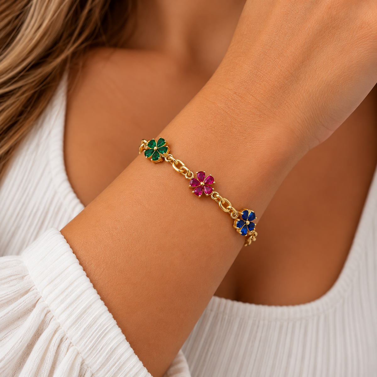 10K Yellow Gold Multicolor Stone Three-Flower Bracelet – 7 Inches