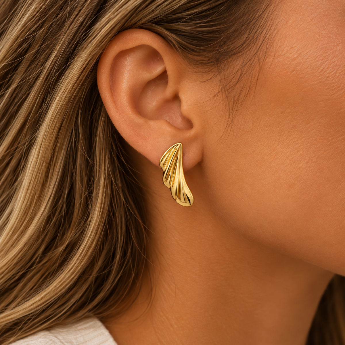 14K Yellow Gold Wave Design Omega Back Earrings