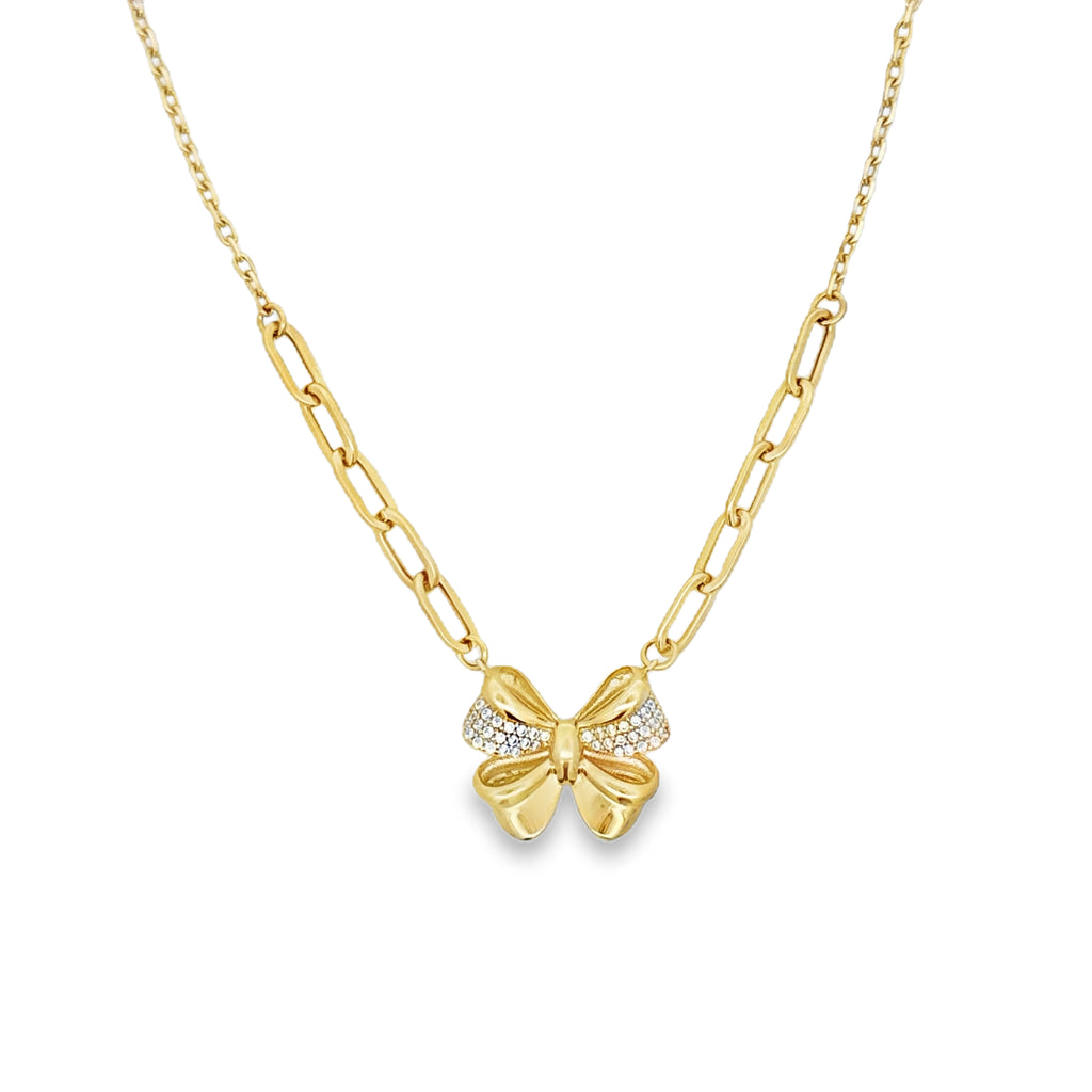 10K Yellow Gold CZ Bow Necklace – 16 Inches