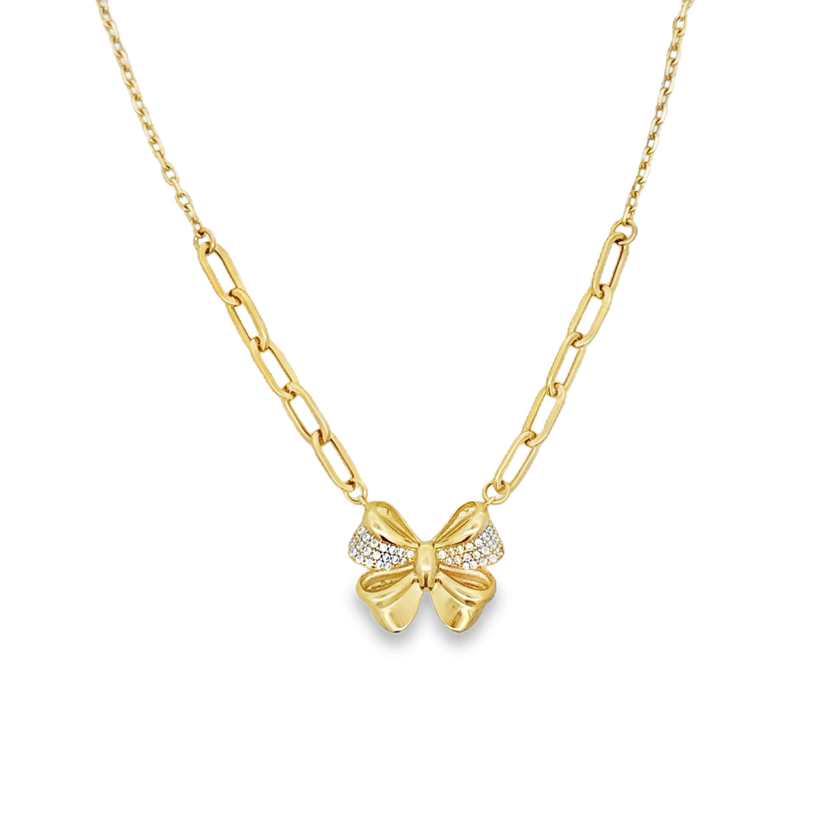 10K Yellow Gold CZ Bow Necklace – 16 Inches