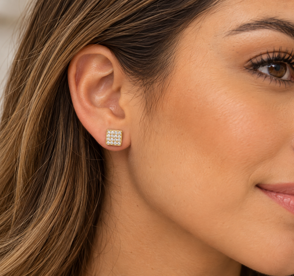 10K Yellow Gold Square Cubic Zirconia Stud Earrings
