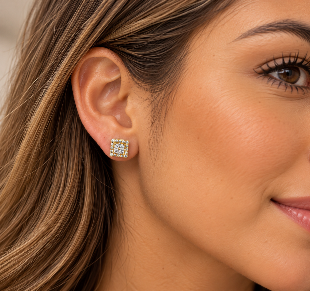 10K Yellow Gold Square Cubic Zirconia Stud Earrings