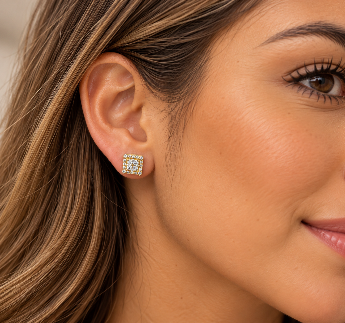10K Yellow Gold Square Cubic Zirconia Stud Earrings