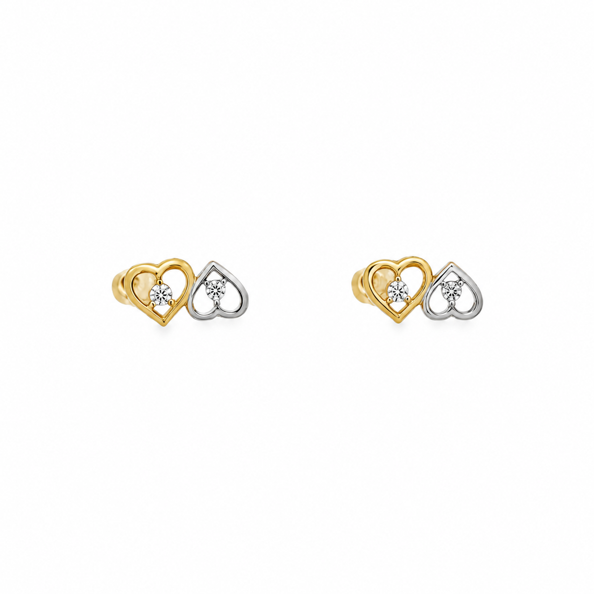 10K Two-Tone Gold Double Heart Cubic Zirconia Stud Earrings