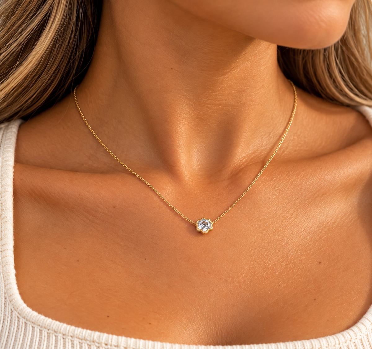 14K Yellow Gold Flower Cubic Zirconia Pendant Necklace – 18"