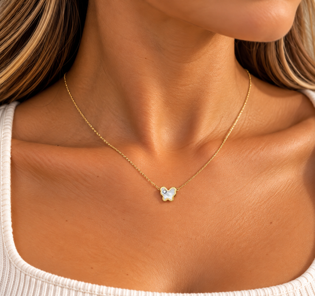 14K Yellow Gold Mother of Pearl Butterfly Necklace – 18"