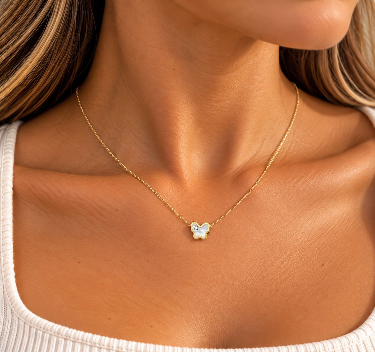 14K Yellow Gold Mother of Pearl Butterfly Necklace – 18"