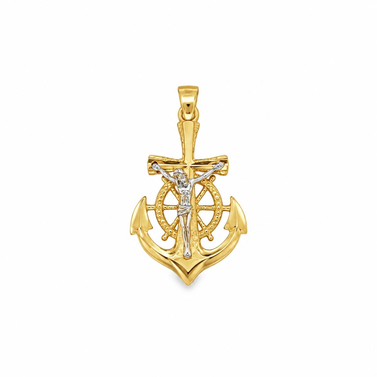 10K Two-Tone Gold Anchor Crucifix Pendant