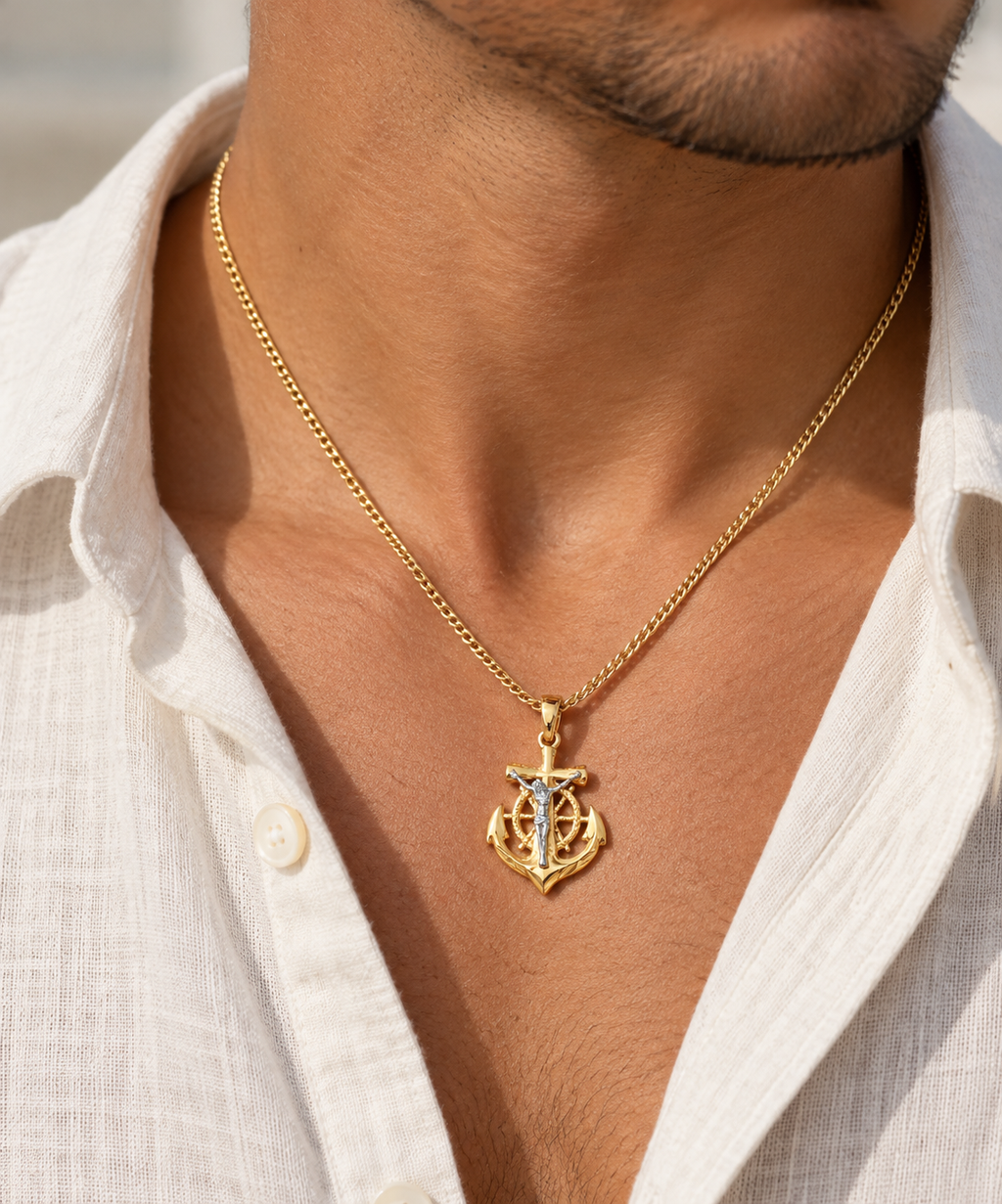 10K Two-Tone Gold Anchor Crucifix Pendant
