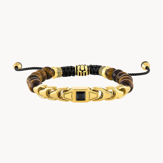 Bulova Classic Bolo Bracelet Stainless Steel Gold Tone With Black Cord  Black Spinel & Tigers Eye (Bvb1071-YSTTEBSP)