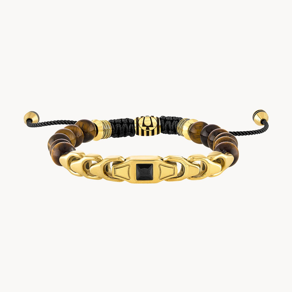Bulova Classic Bolo Bracelet Stainless Steel Gold Tone With Black Cord  Black Spinel & Tigers Eye (Bvb1071-YSTTEBSP)
