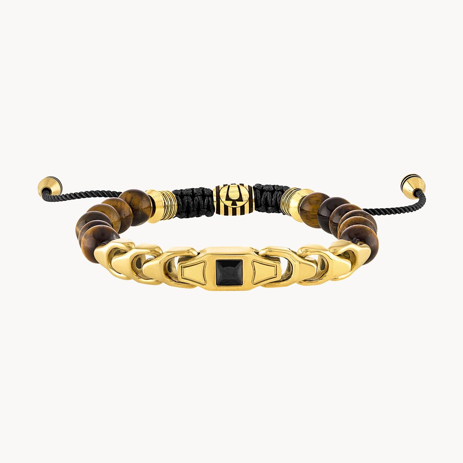 Bulova Classic Bolo Bracelet Stainless Steel Gold Tone With Black Cord  Black Spinel & Tigers Eye (Bvb1071-YSTTEBSP)
