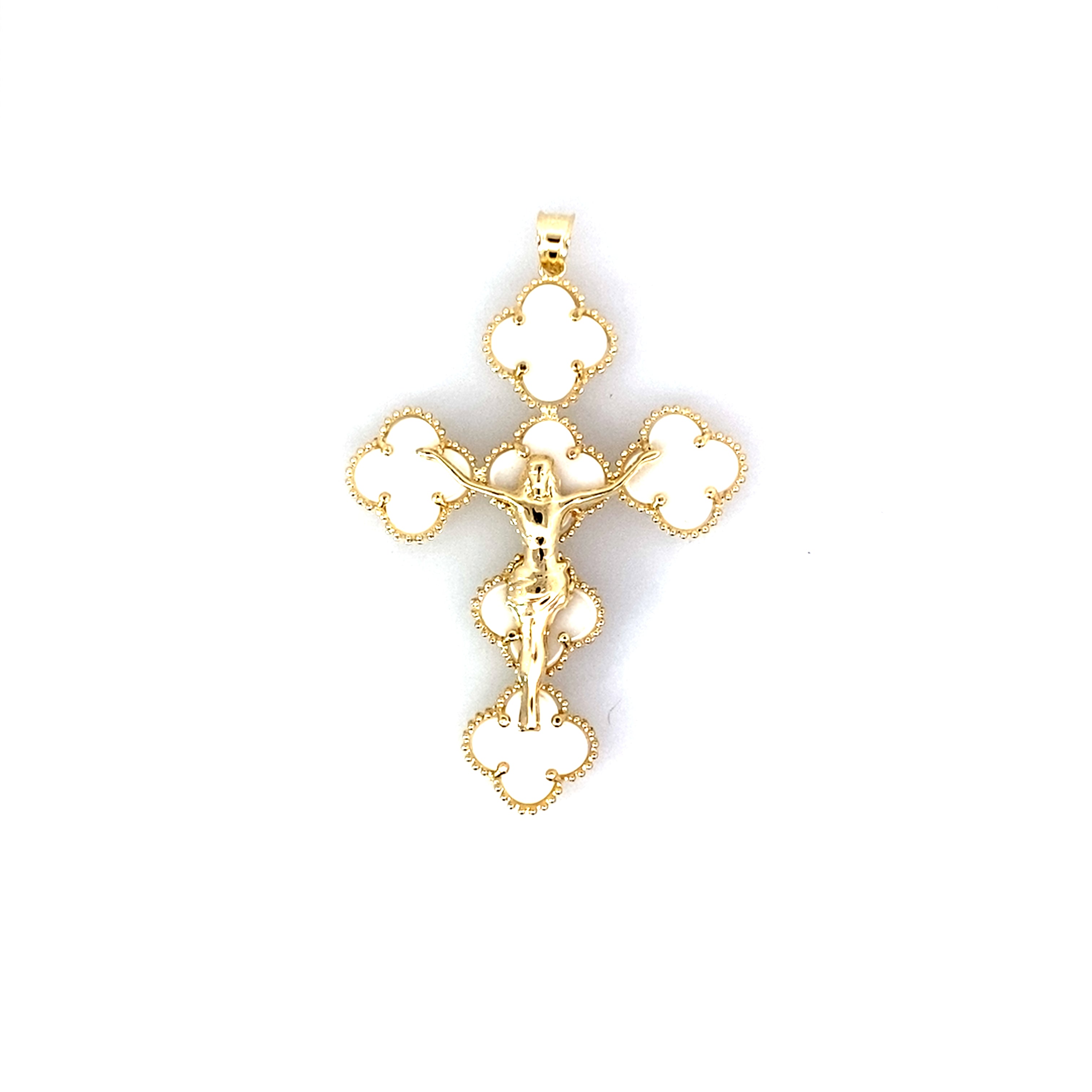 14K Yellow Gold White Flowers Reversible Crucifix Pendant 4.5Dwt