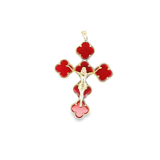 14K Yellow Gold Red Flowers Reversible Crucifix Pendant 4.5Dwt