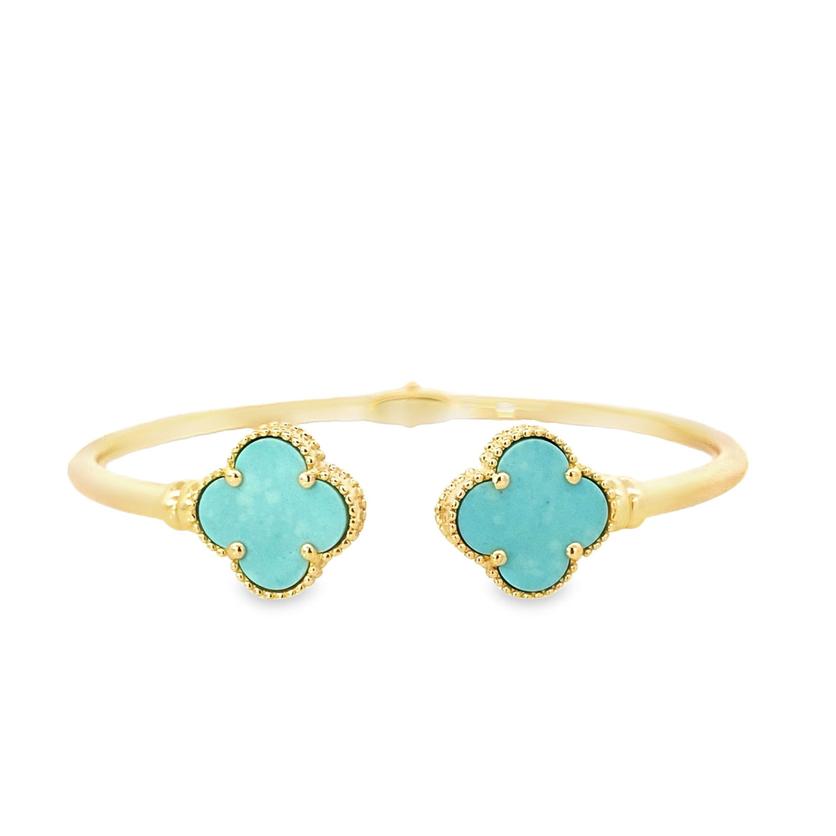 14K Yellow Gold Teal Stone Flower Hinged Bangle 5.1Dwt