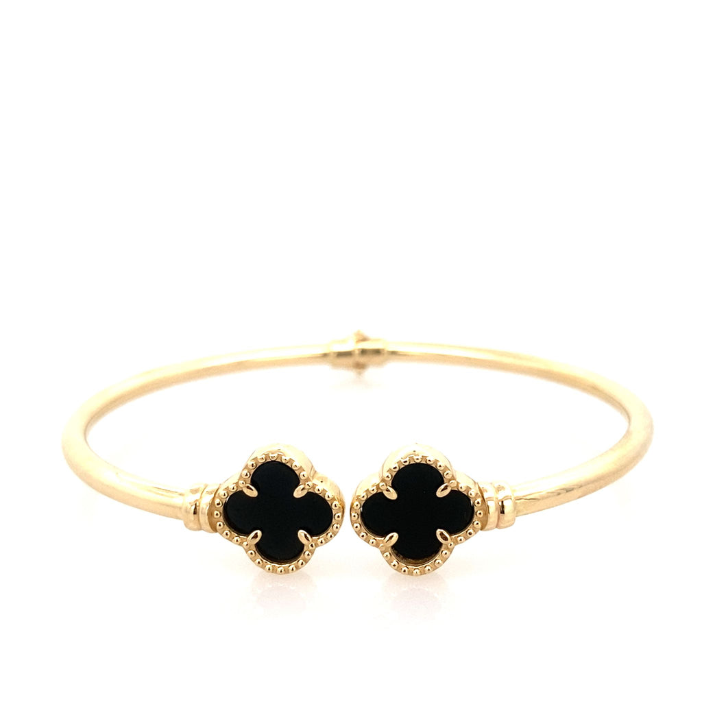 14K Yellow Gold Onyx Flower Hinged Bangle 5.0Dwt