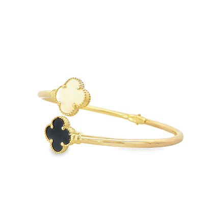 14K Yellow Gold Hinges  Black & Mother Of Pearl Flowers Bangle 5.8Dwt