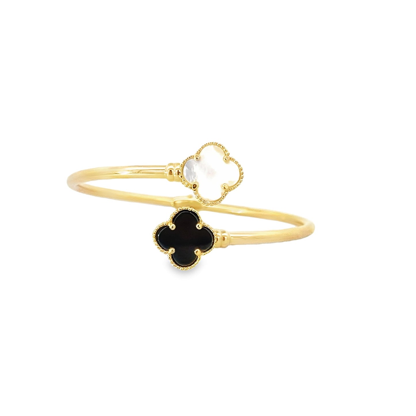 14K Yellow Gold Hinges  Black & Mother Of Pearl Flowers Bangle 5.8Dwt