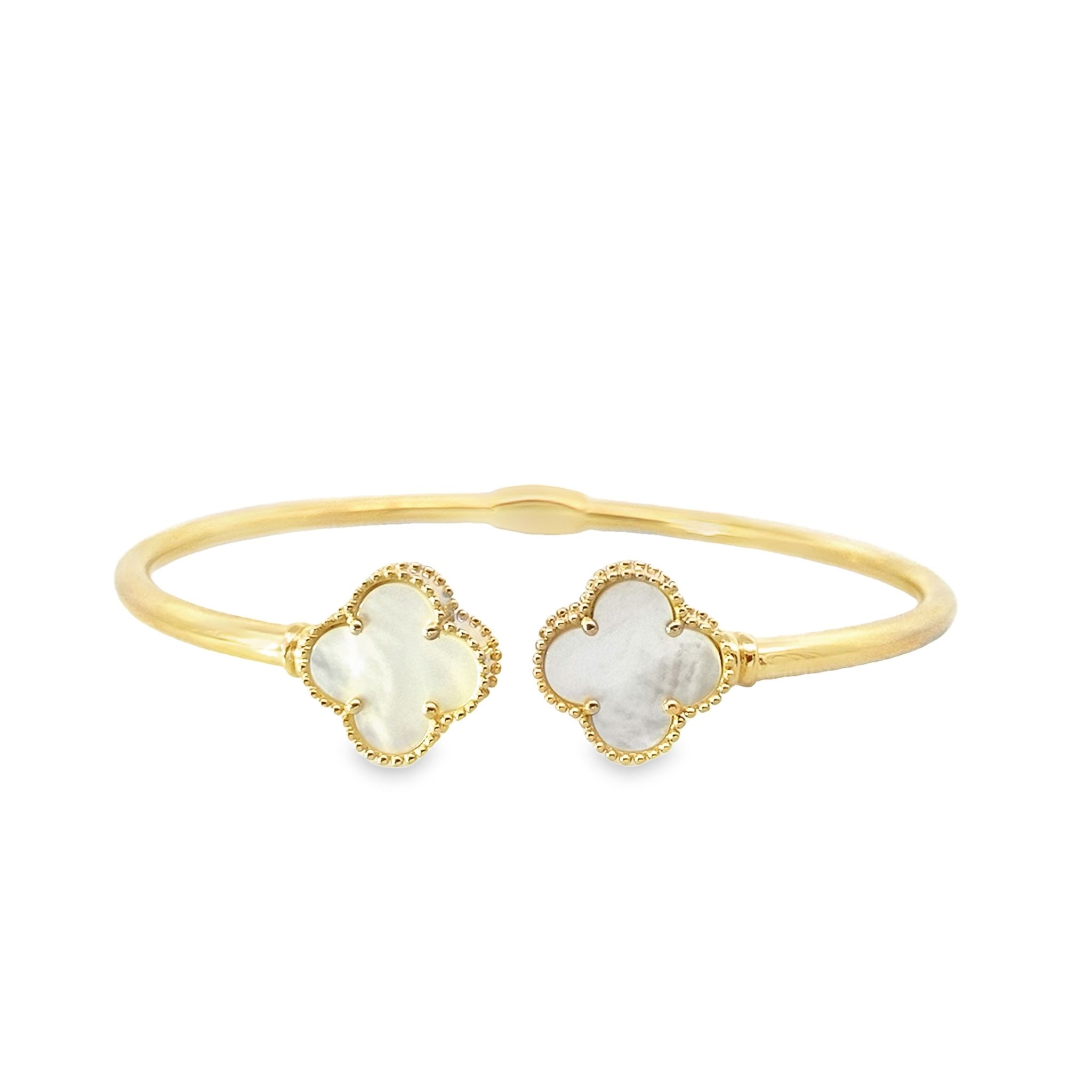 14K Yellow Gold Mother Of Pearl Flower Hinged Bangle 5.8Dwt