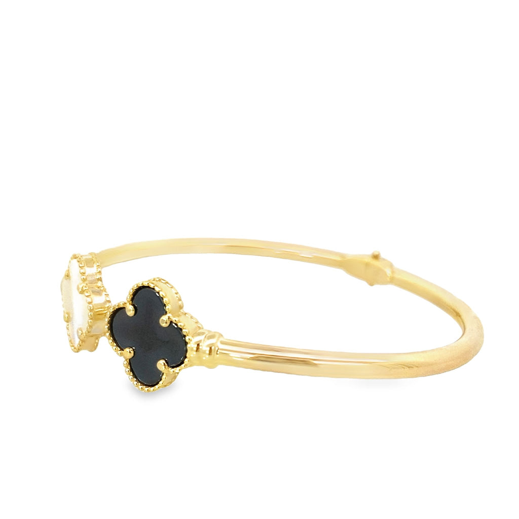 14K Yellow Gold Onyx & Mother Of Pearl Flower Hinged Bangle 5.6Dwt