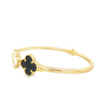 14K Yellow Gold Onyx & Mother Of Pearl Flower Hinged Bangle 5.6Dwt
