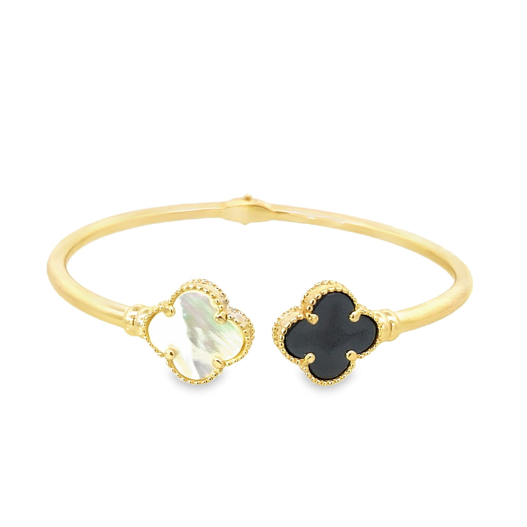 14K Yellow Gold Onyx & Mother Of Pearl Flower Hinged Bangle 5.6Dwt