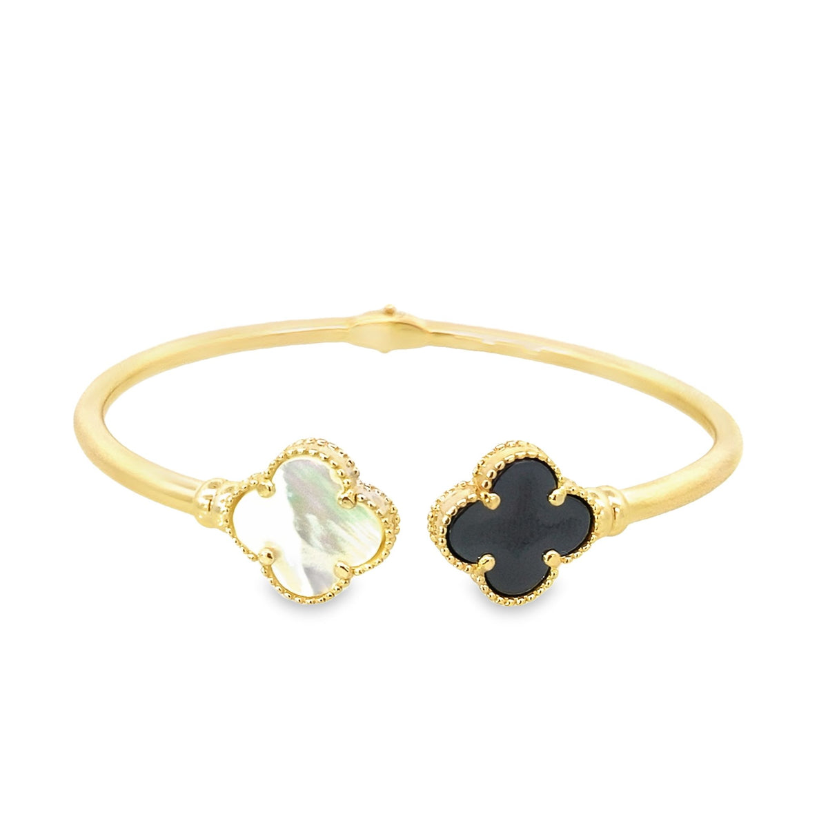 14K Yellow Gold Onyx & Mother Of Pearl Flower Hinged Bangle 5.6Dwt