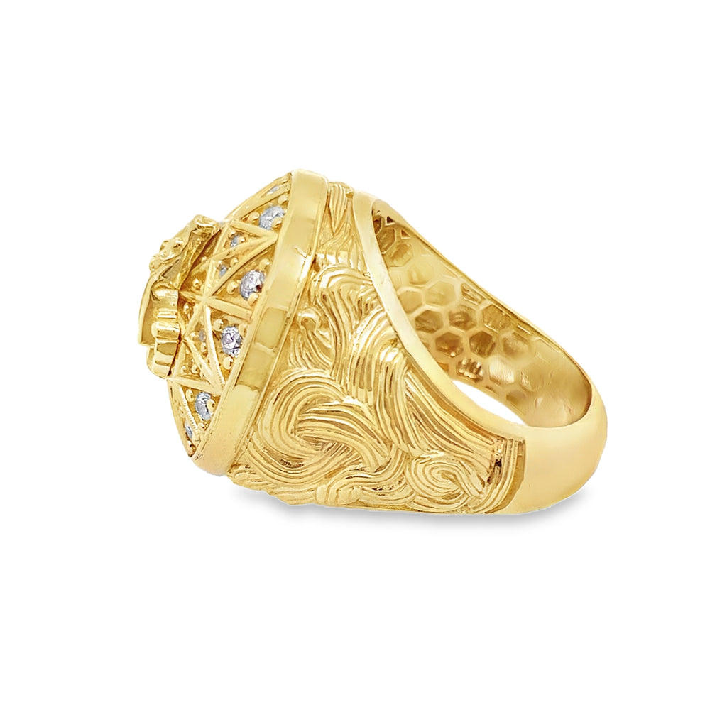10K Yellow Gold Cz Rosetta W/ Caridad Del Cobre Mens Ring Size 11 10.7Dwt