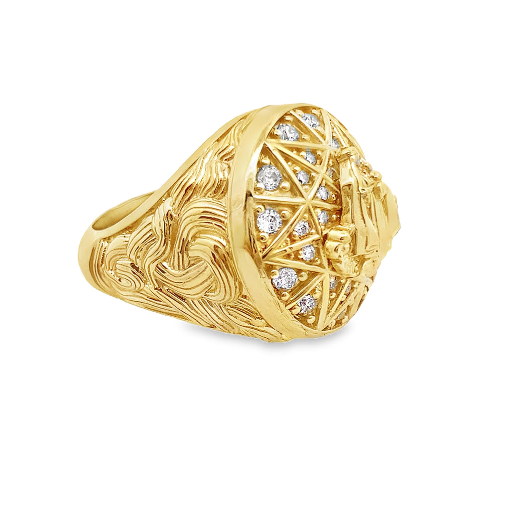 10K Yellow Gold Cz Rosetta W/ Caridad Del Cobre Mens Ring Size 11 10.7Dwt