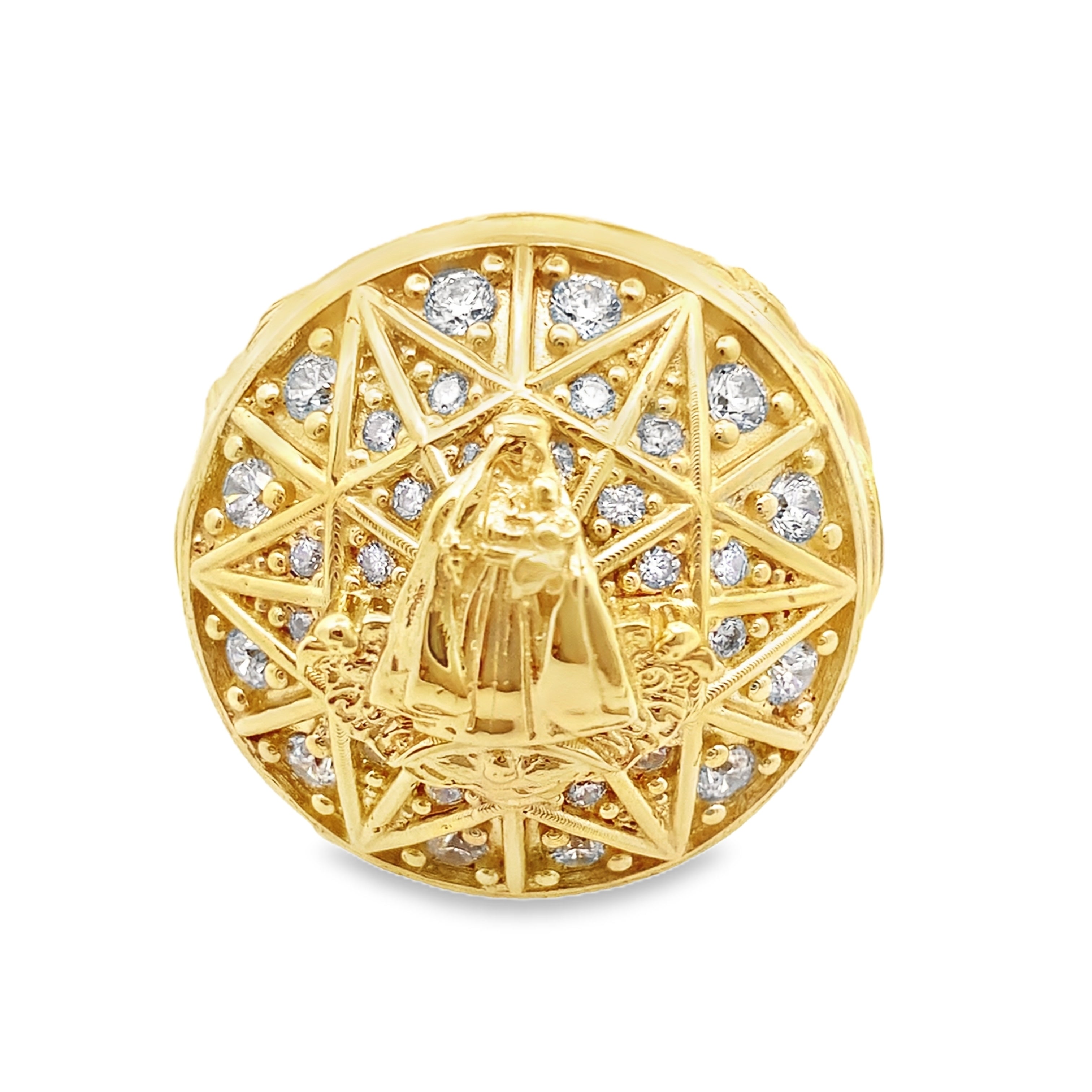 10K Yellow Gold Cz Rosetta W/ Caridad Del Cobre Mens Ring Size 11 10.7Dwt