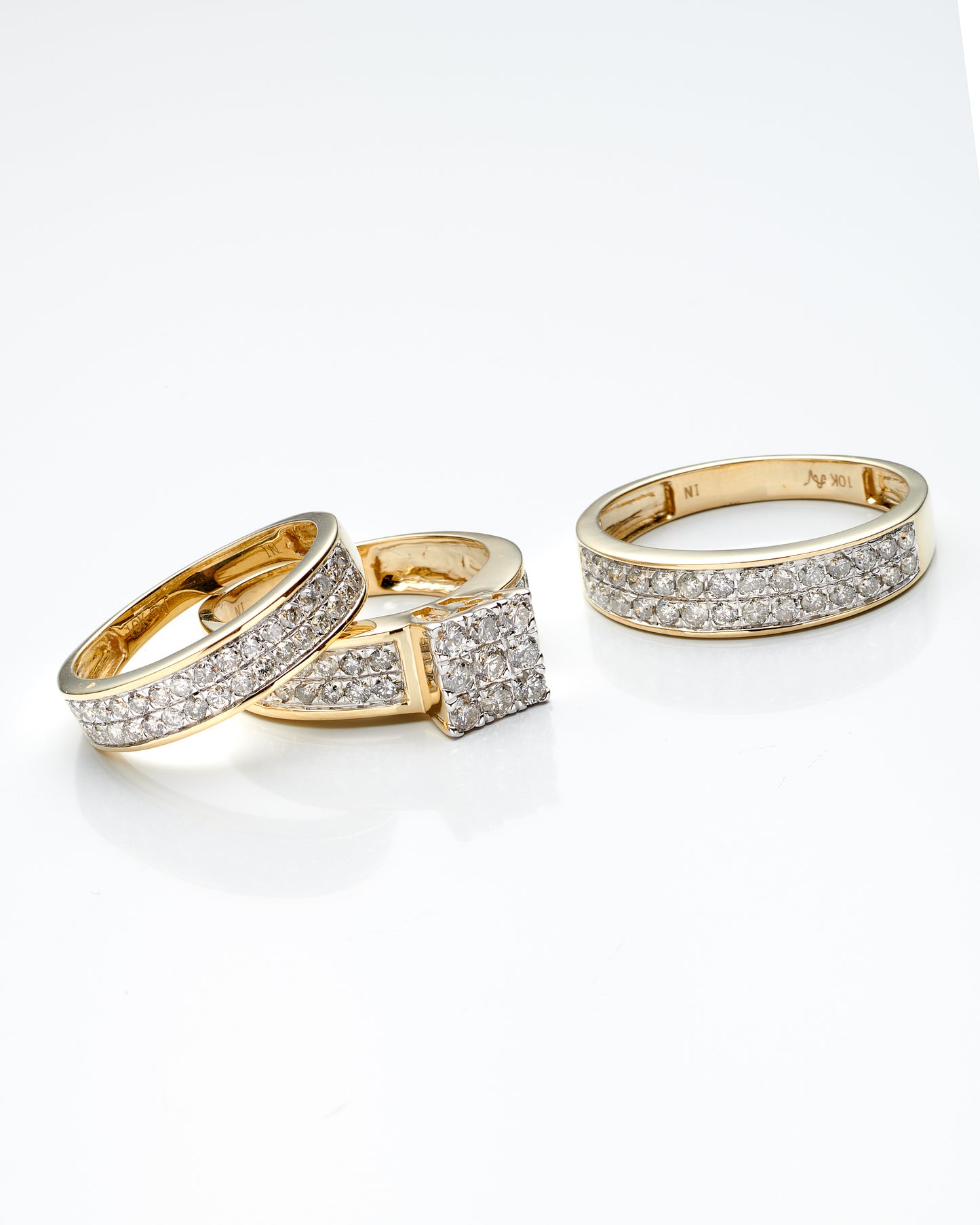 2.0Ctw 10K Yellow Gold Sq Diamond Cluster Wedding Trio Set  Size 7 &10 5.7Dwt