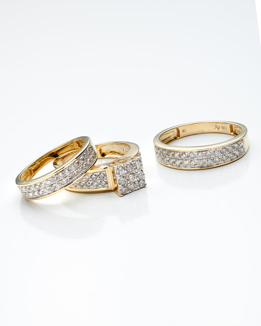 2.0Ctw 10K Yellow Gold Sq Diamond Cluster Wedding Trio Set  Size 7 &10 5.7Dwt