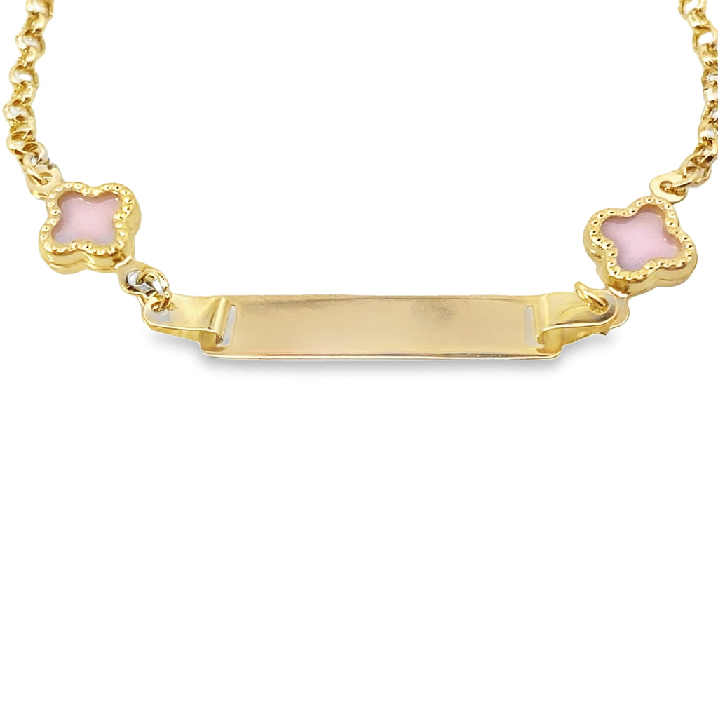 14K Yellow Gold Pink Flowers Baby Id Bracelet 5In 0.9Dwt