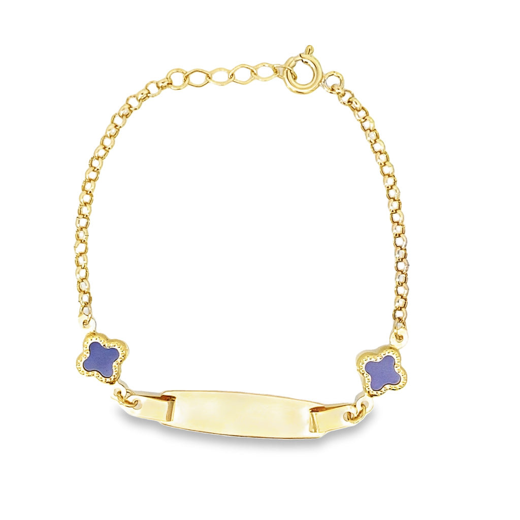 14K Yellow Gold Royal Blue Flowers Baby Id Bracelet 5In 0.9Dwt